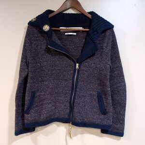 il Saori Komatsu Womens 8 Wool Asymmetrical Zip Cardigan Collared Sweater Navy